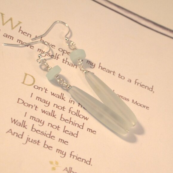 Long Sea Glass Drop Earrings Beach Statement Pierced or Clip-on Earrings - Picture 10 of 11